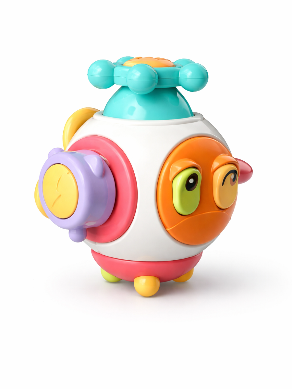 白背景のスタジオ撮影。白い球体ボディに、ターコイズのトップパーツ、オレンジの顔パネル、紫のダイヤル、ピンクと黄色のパーツが付いたカラフルな知育おもちゃが斜め向きで写っている。
