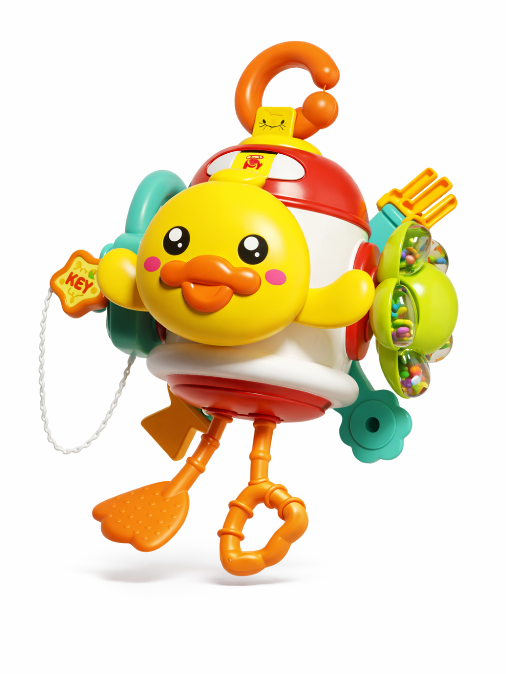 白背景のスタジオ撮影。黄色いアヒルの顔が付いたカラフルなベビートイ（赤いボディ、オレンジのフック、鍵型パーツ、カラービーズ入りラトル、持ち手パーツ）が斜め向きで写っている。
