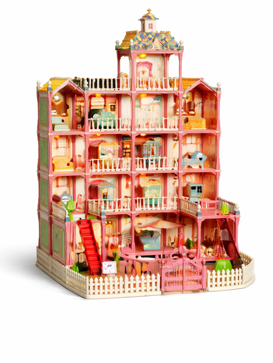 白背景のスタジオ撮影。ピンクを基調とした多層階の大型ドールハウスで、複数の部屋とバルコニー、カラフルな屋根、赤い階段、白いフェンス付きの庭が一体になったミニチュアハウスが写っている。
