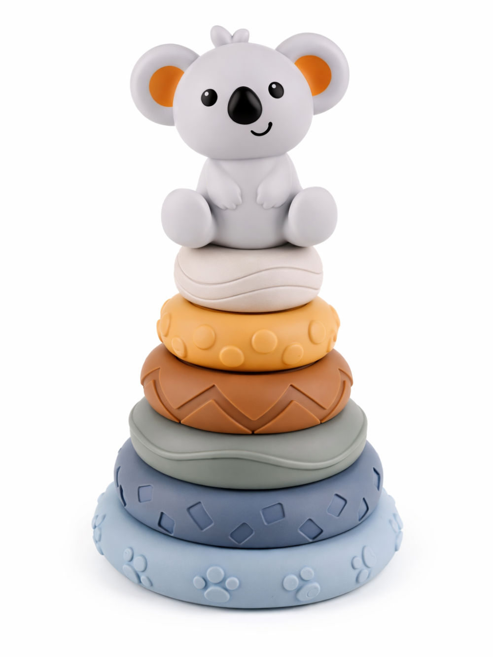 白背景で撮影された、コアラのフィギュアが乗ったカラフルな積み重ねリング（スタッキングトイ）の商品画像
