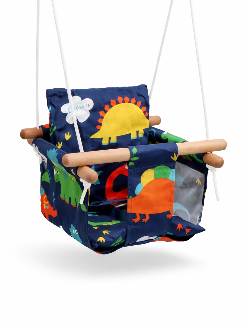 白背景のスタジオで撮影された、カラフルな恐竜柄の布製ベビーブランコ（木製バーと白い吊りロープ付き）
