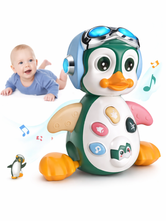白背景で撮影された、ゴーグル付きのペンギン型ベビートイ（音やボタンで遊べるデザイン）と、後ろにうつ伏せの赤ちゃんが写っている商品イメージ
