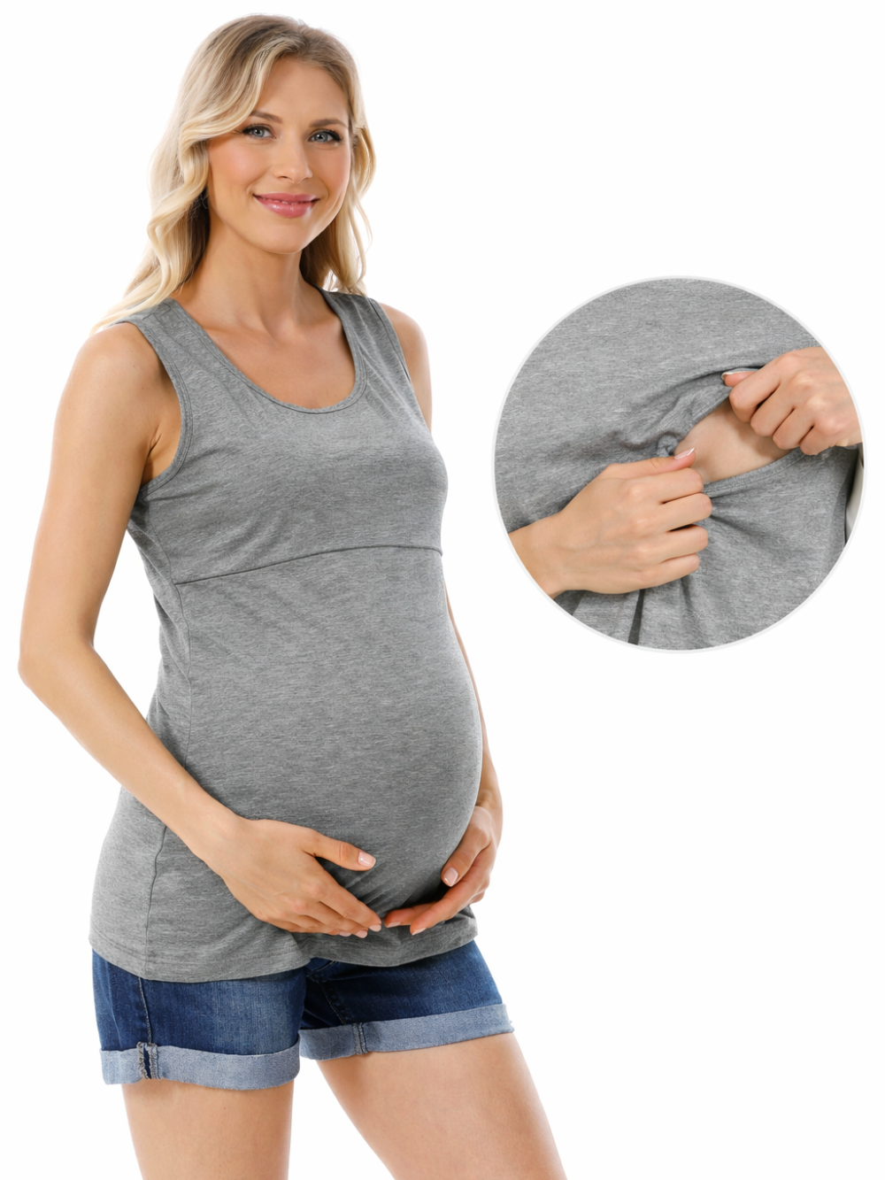 白背景のスタジオで撮影された、授乳口付きのグレーのマタニティタンクトップを着た妊婦モデル。右側の丸い拡大写真で、授乳用の開口部（内側レイヤー）を手でめくって見せている。

