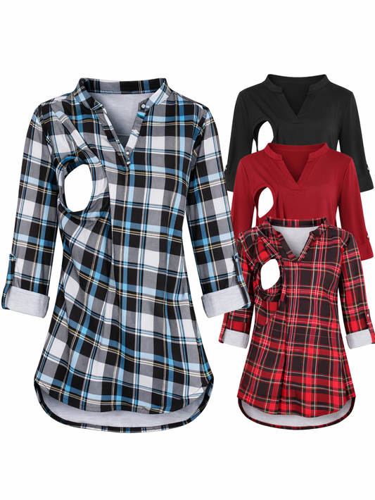 白背景に、授乳口付きのチュニックトップス4色（ブルー系チェック、ブラック、ワインレッド、レッド系チェック）が並んだ商品画像。
