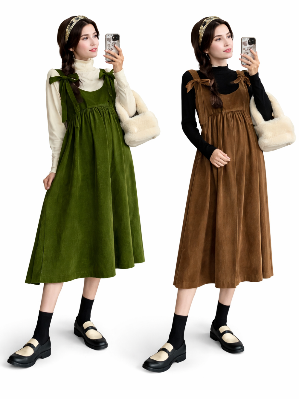 白背景のスタジオで撮影された、リボン肩ひものコーデュロイジャンパースカート2色（オリーブグリーン／ブラウン）の着用比較。モデルが同じポーズでミラー自撮りし、ファーバッグと黒ソックス・ローファーを合わせている。

