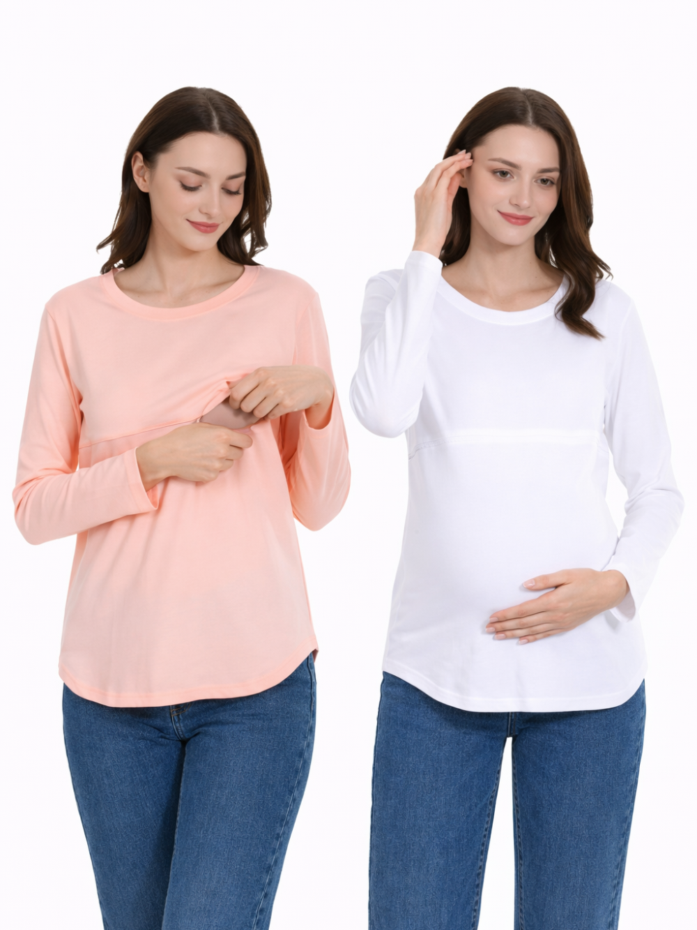 白背景のスタジオで撮影された、授乳トップスの着用イメージ2カット。左はピーチ色の長袖授乳トップスをめくって内側レイヤーを見せ、右は白の長袖マタニティトップスでお腹に手を添えている。どちらもデニム着用。

