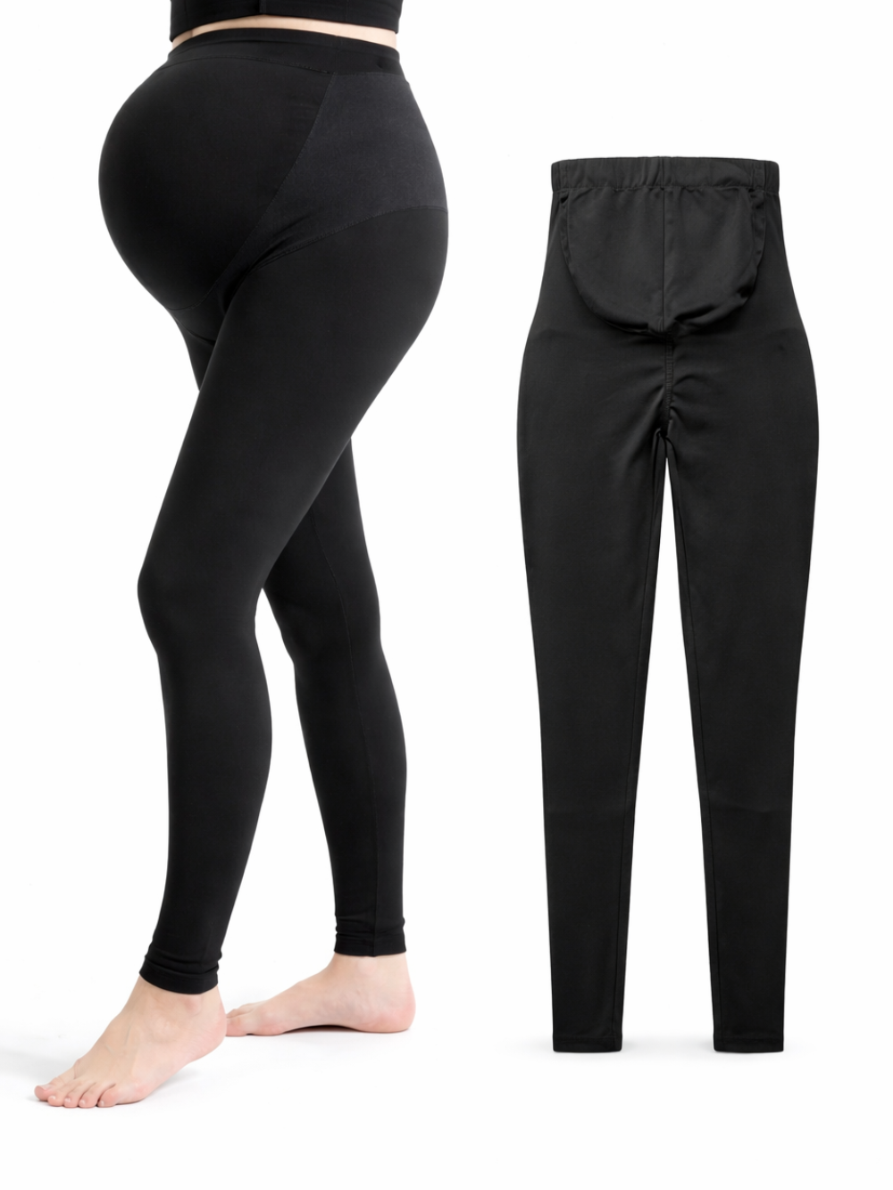 白背景のスタジオで撮影された、ブラックのマタニティレギンスの比較画像。左は着用モデルの横向き（お腹を包むハイウエスト）、右は平置きでウエスト構造が分かるように写っている。

