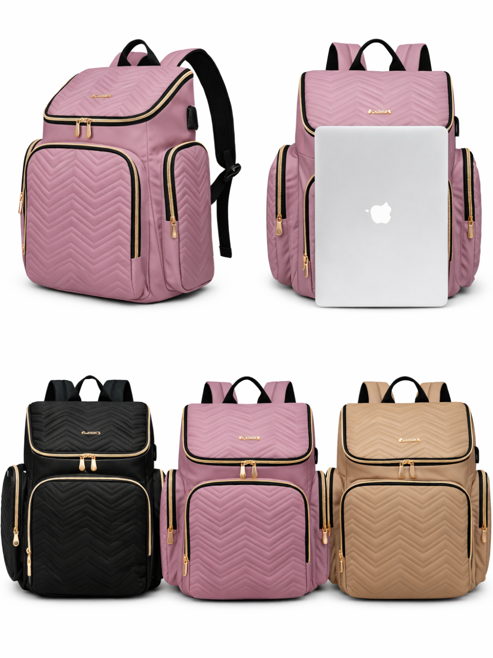 白背景に、キルティング柄のマザーズリュック（ピンク2点・ブラック1点・ベージュ1点）を正面／斜めから並べた商品画像。上段右はノートPCを収納したサイズ感の比較付き。