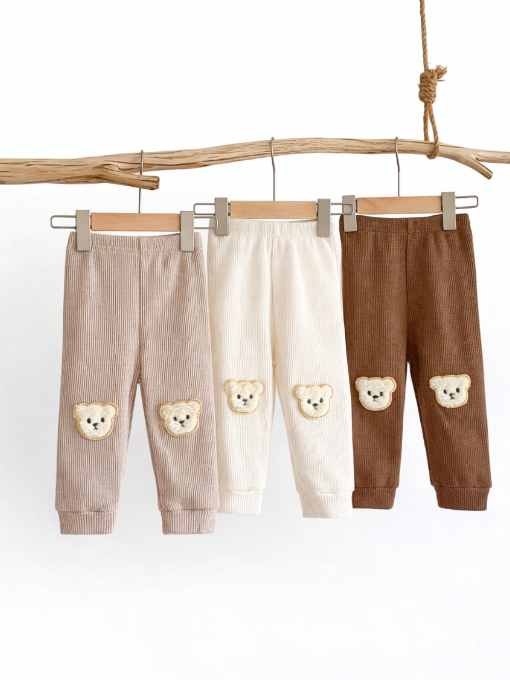 白背景で、くまワッペン付きのリブパンツ3色（ベージュ／アイボリー／ブラウン）を木の枝にハンガーで吊るした商品画像。ひざ部分の立体ワッペンと素材感、カラーバリエーションが分かる。

