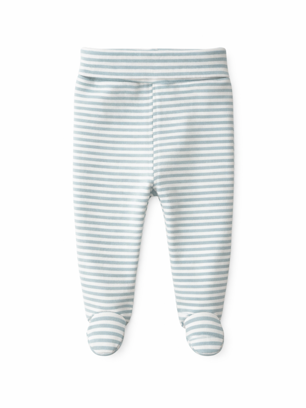 白背景で、ライトブルー×ホワイトのボーダー柄ベビーフット付きパンツを平置きで撮影した商品画像。ウエストは幅広の折り返し仕様で、足先まで一体型になっている。
