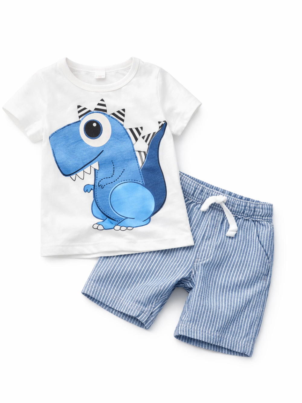 白背景に、ブルーの恐竜プリント入りホワイト半袖Tシャツと、ブルー×ホワイトのストライプ柄ショートパンツ（ウエスト紐付き）が配置された子ども用2点セットの商品画像。
