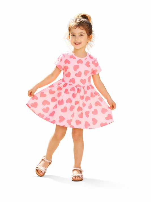 白背景で、ハート柄のピンクのワンピースを着た幼い女の子がスカートを広げて立っている。
