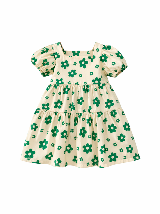 ふんわり花柄が映える 女の子コットン半袖ワンピース グリーンフローラル パフスリーブ スクエアネック 80~130cm