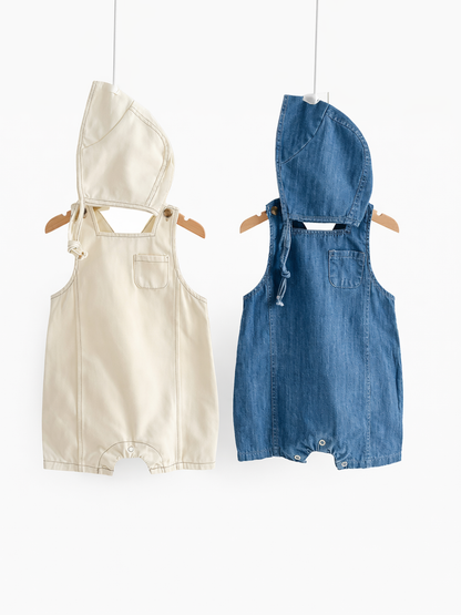 ベージュのフード付きノースリーブベビーロンパースと、ブルーデニムのフード付きノースリーブベビーロンパースの2点が、木製ハンガーで白背景に吊り下げられている商品画像。

