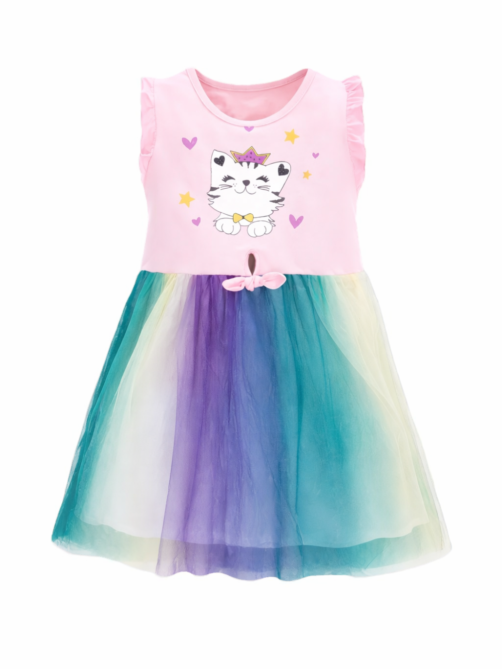 ピンクのノースリーブワンピース。胸元に王冠をつけた子猫のプリントと星・ハート柄、ウエストに小さなリボン付き。スカートはグリーン〜ブルー〜パープルのグラデーションのチュールで、白い背景に単体で撮影されている。
