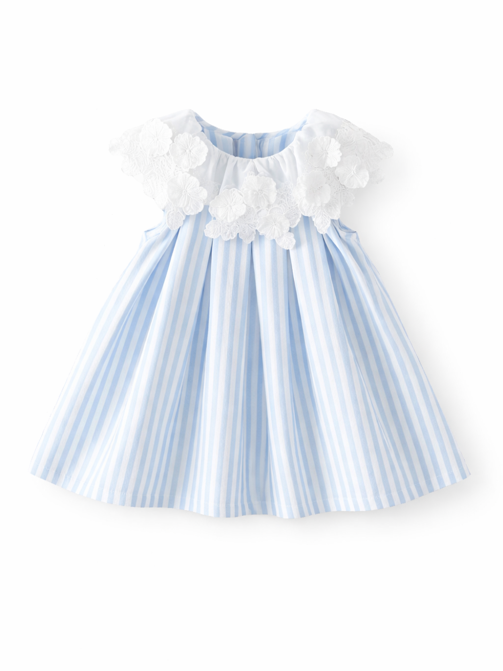 淡いブルー×ホワイトのストライプ柄ベビードレス。白い花柄レースのフリル襟とキャップスリーブが特徴で、白背景に正面からフラットに配置された商品単体画像。

