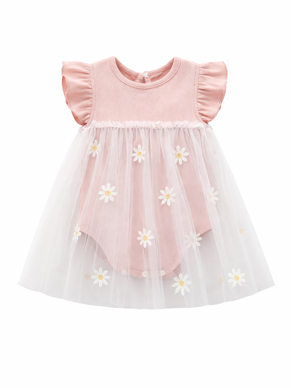 ピンクのリブ素材トップにフリル袖を合わせ、白いチュールスカートにデイジー刺繍を散りばめたベビー用ワンピース（ロンパース一体型）を、白背景で正面から撮影した商品画像。
