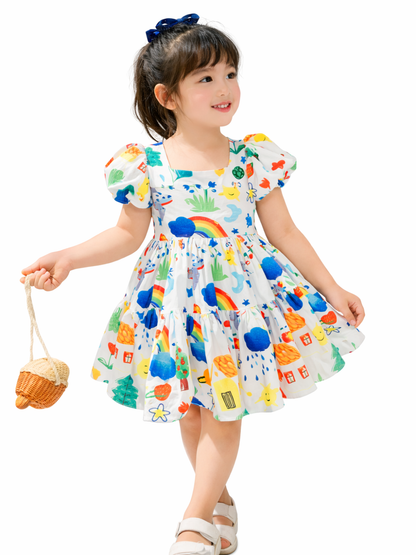 白背景のスタジオで、カラフルな柄のワンピースを着た幼い女の子が立ち、片手に小さな籐のバッグを持って微笑んでいる。
