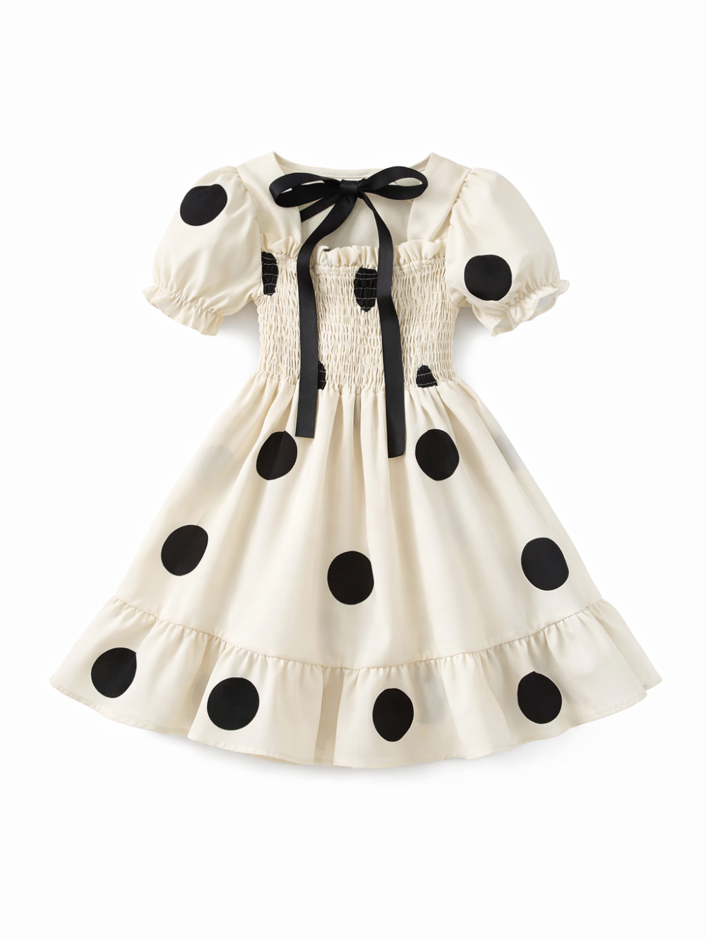 クリーム色の黒ドット柄ワンピース。パフスリーブとシャーリングの胸元に黒リボン付きで、ハンガーに掛けた商品をフラットレイ撮影。
