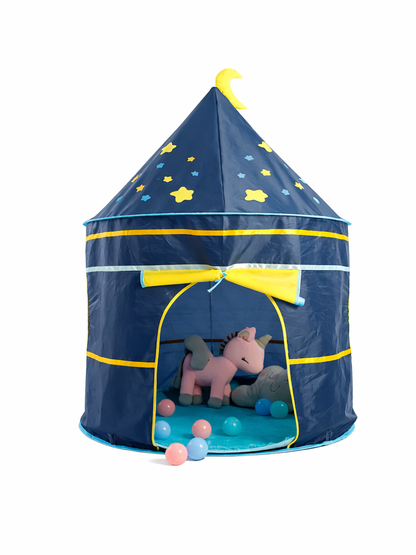子ども用のネイビーのプレイテント（星柄と三日月モチーフ、黄色のリボン付きの入口）。白背景で、内部にぬいぐるみとカラーボールが見える。
