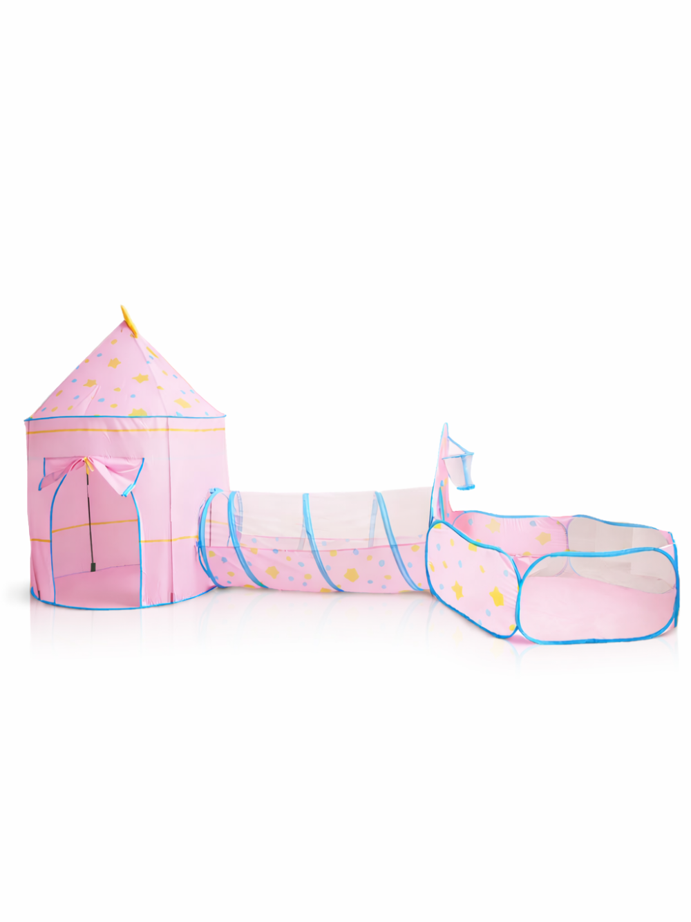 ピンクのプリンセス風キッズテント、接続トンネル、ボールプール（囲い）3点セットのスタジオ商品写真。白背景で、星柄プリントとブルーの縁取りが見える。
