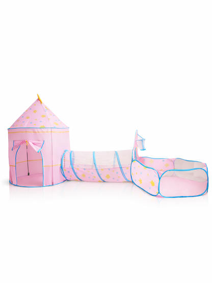 ピンクのプリンセス風キッズテント、接続トンネル、ボールプール（囲い）3点セットのスタジオ商品写真。白背景で、星柄プリントとブルーの縁取りが見える。
