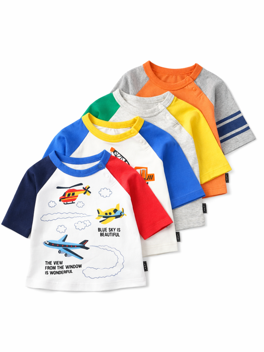 元気いっぱいに動ける 子どもラグランTシャツ 乗り物カートゥーンプリント 配色スリーブデザイン 80〜130cm