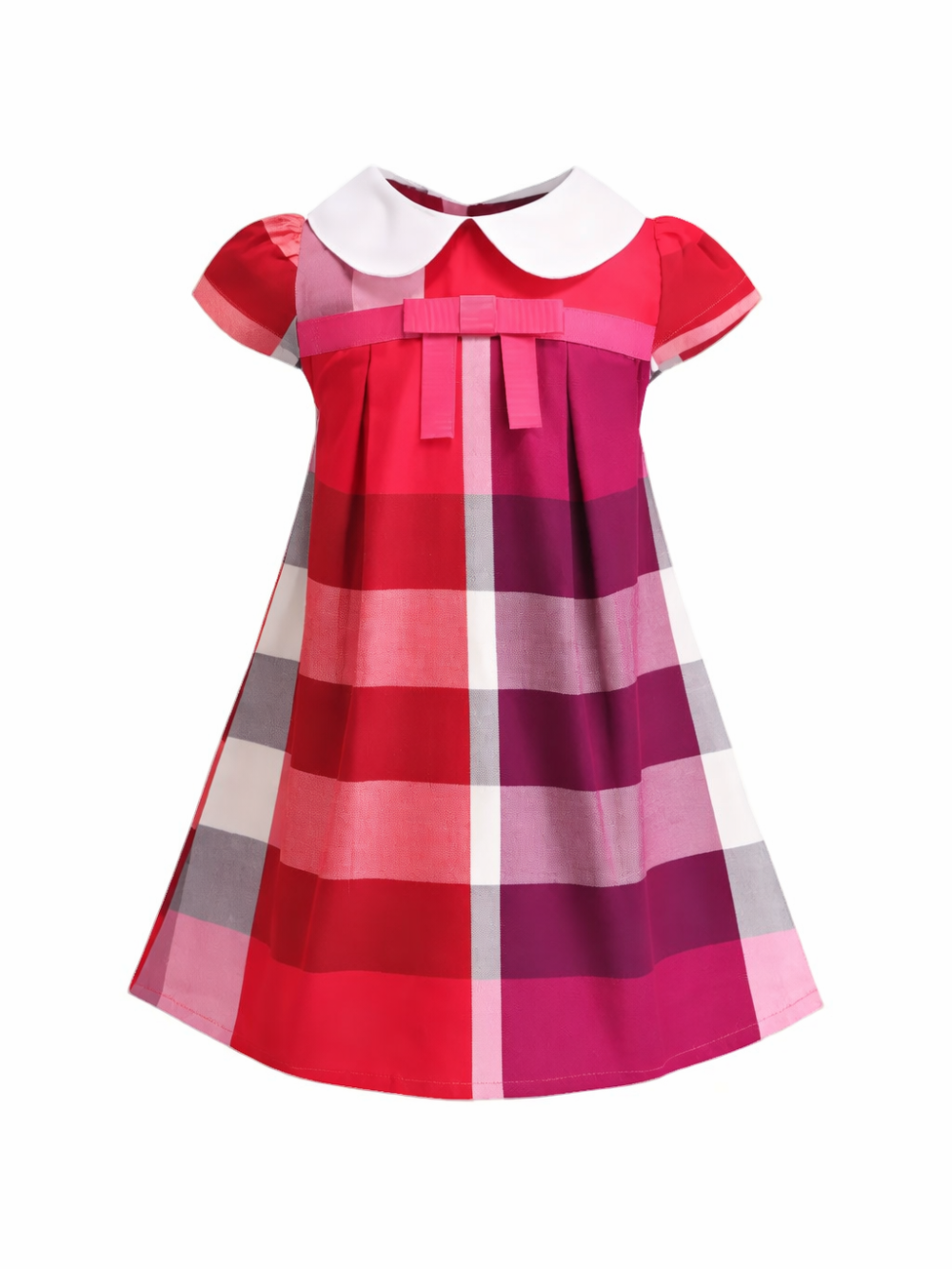 青・赤・ピンク系のチェック柄に白いピーターパンカラーと胸元リボンが付いた、半袖の子ども用Aラインワンピースを、白背景で正面から撮影した商品画像。
