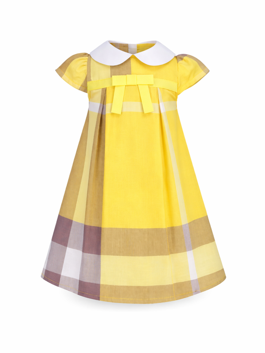 明るいイエローで上品に映える 女の子襟付きワンピース チェック柄 リボン付き コットン 90~130cm