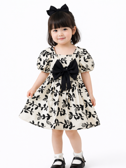 涼やかモノトーンで上品に映える 女の子半袖ワンピース 大きめリボン 葉柄・ドット柄 コットン 80~130cm