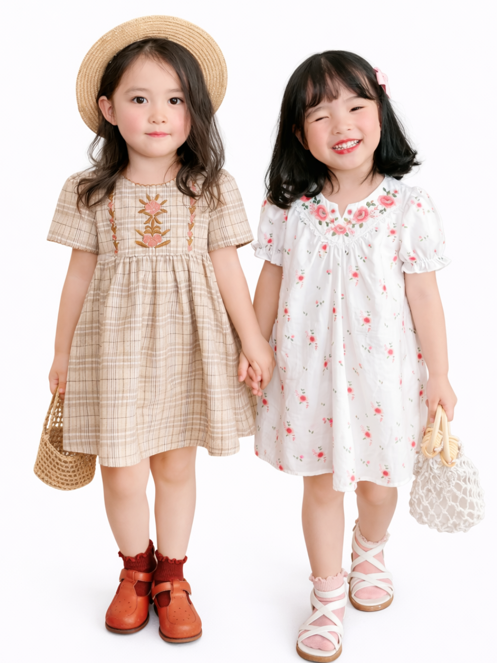 可憐な刺繍で上品にきまる 女の子半袖ワンピース チェック・小花柄 コットン100% 身長95~130cm対応