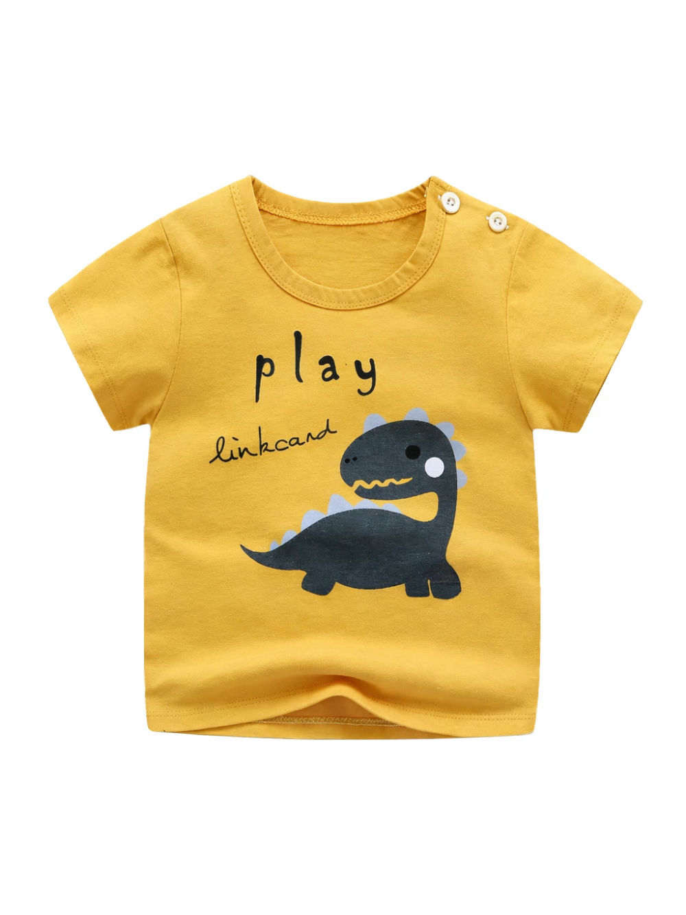 黄色のベビー半袖Tシャツ（肩スナップボタン付き）。前面に恐竜のイラストと「play」「linkaard」の文字プリント、白背景で商品単体を撮影。