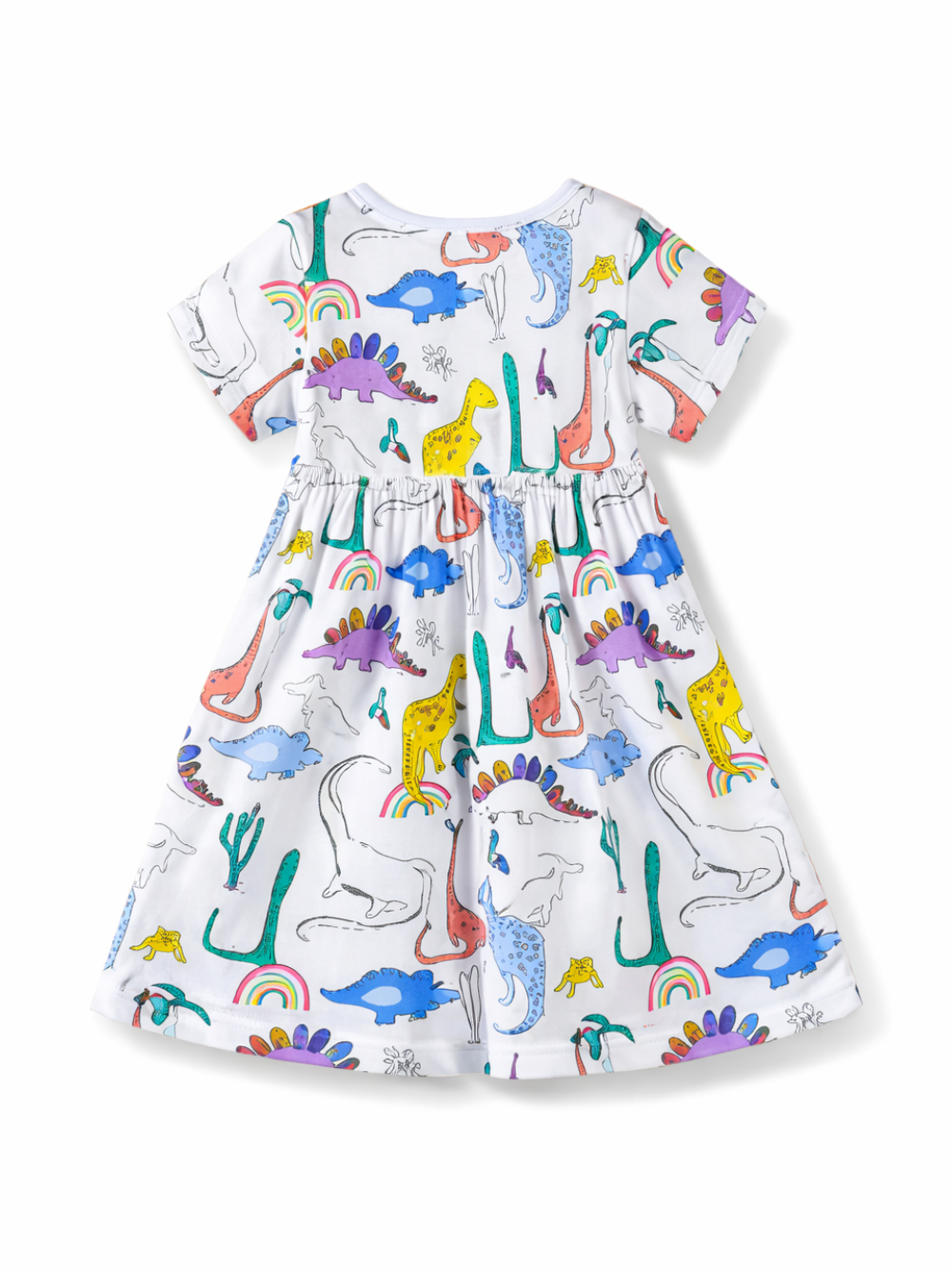 白地にカラフルな恐竜・サボテン・虹柄がプリントされた、子ども用半袖ワンピースの単体商品画像（純白背景・薄い自然な影付き）。
