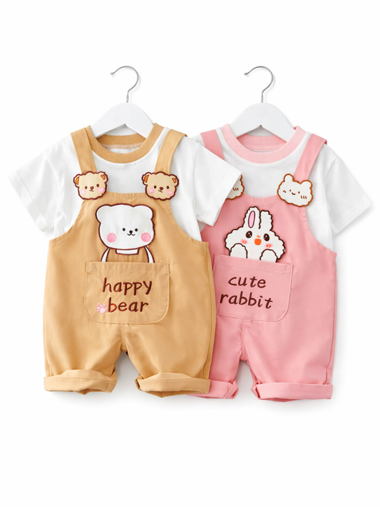 白いハンガーに掛かったベビー用上下セット2点（ベージュの「くま」サロペット＋白T、ピンクの「うさぎ」サロペット＋白T）の商品画像。純白背景に自然な薄い影。
