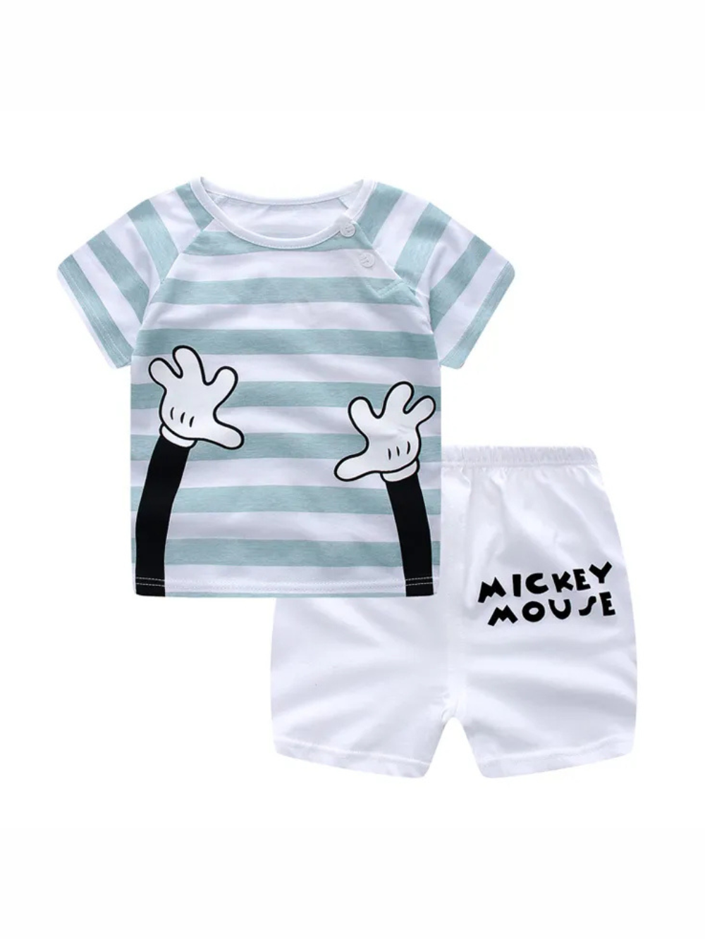 白×ミントグリーンのボーダー半袖トップスと白いショートパンツの子ども用上下セットの単体商品画像。トップス前面に白い手袋モチーフと黒い腕のプリント、パンツに黒文字プリント入り。白背景。
