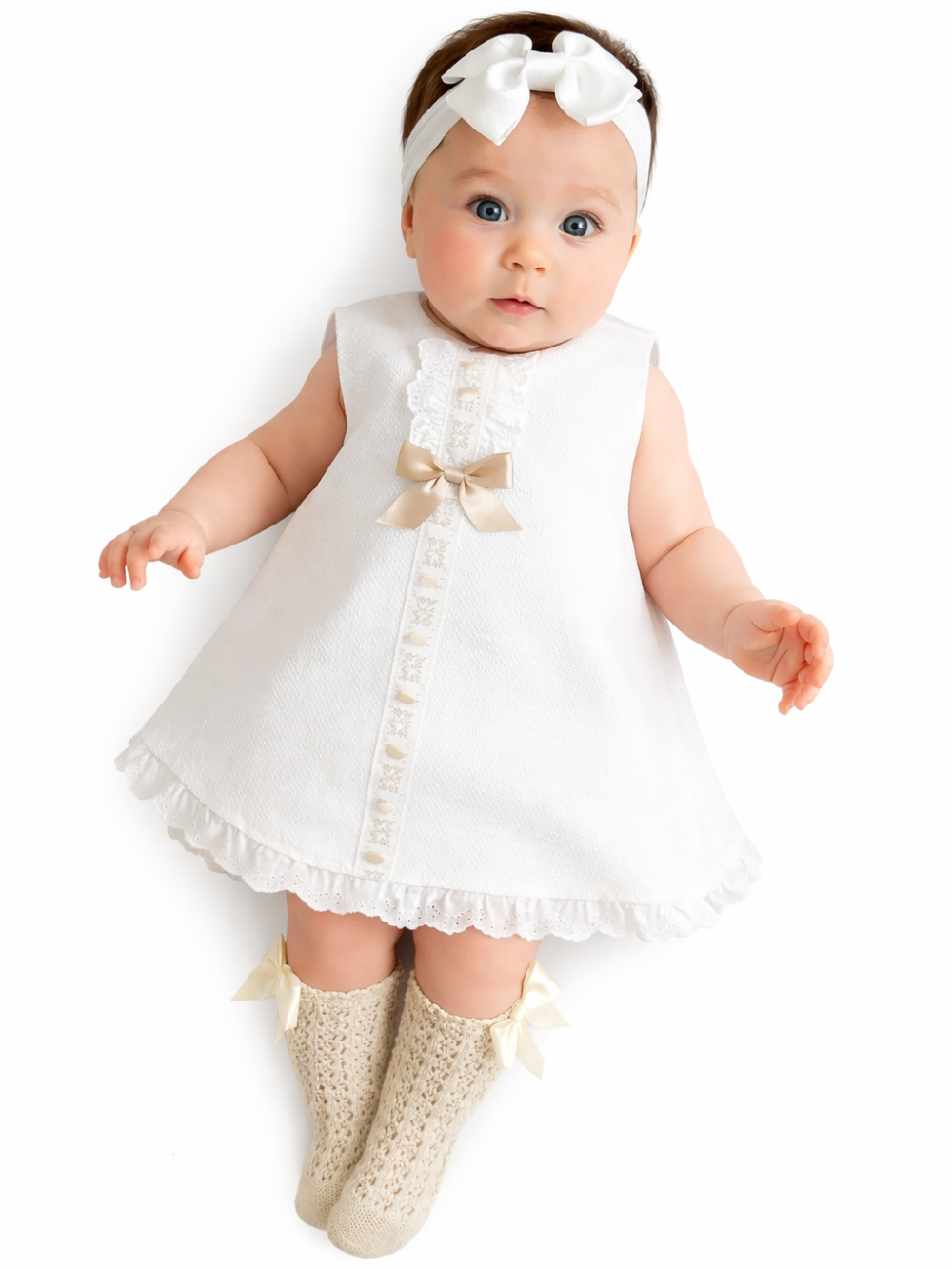 白背景に、白いリボン付きヘアバンドを着けたベビーが仰向けに寝ている着用イメージ。レース装飾の白いノースリーブワンピースと、リボン付きの編みソックスを着用。自然な薄い影付き。
