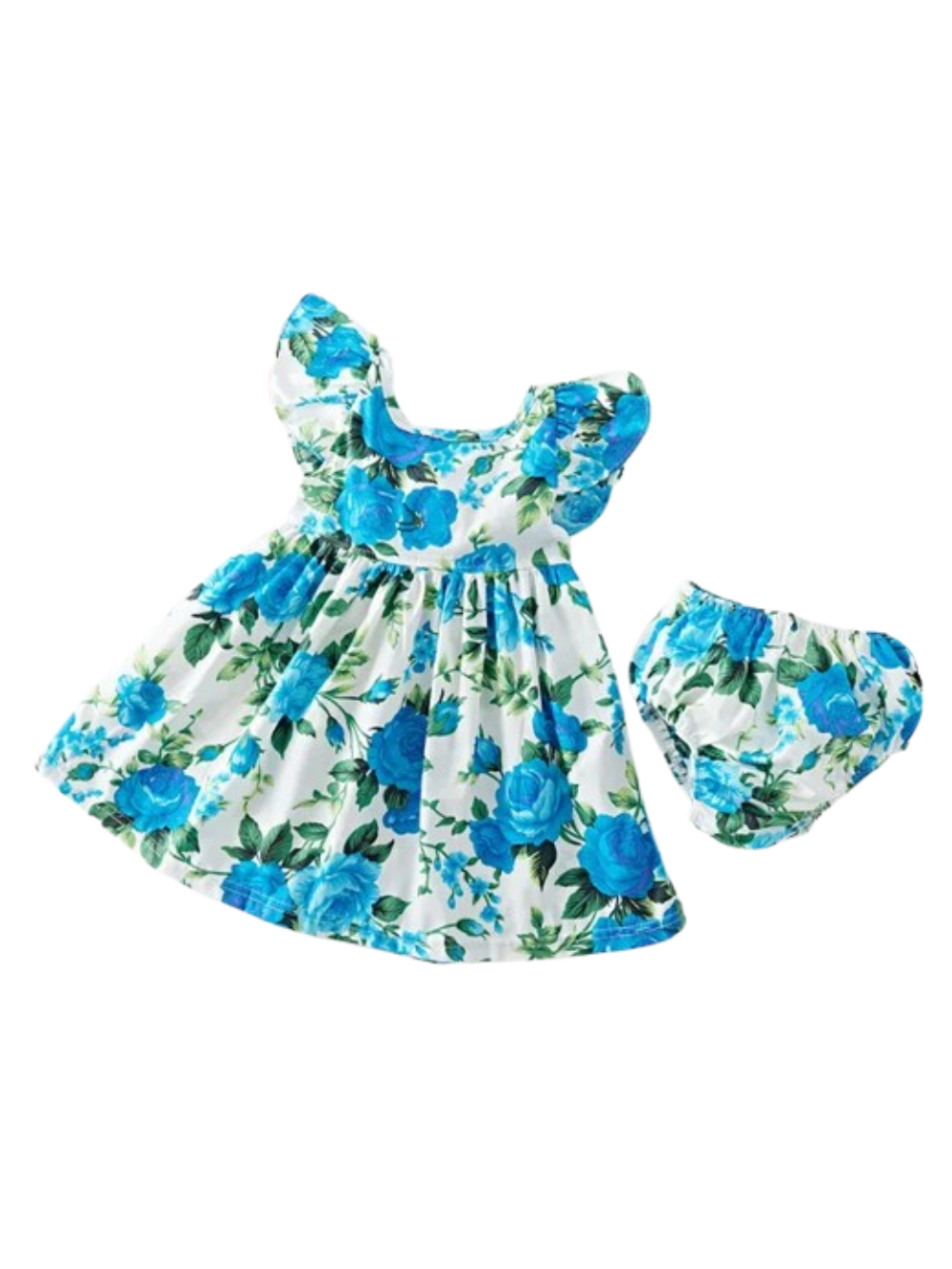 白背景に、青いバラ柄のベビーワンピースとおそろいのブルマを並べた単体商品画像。フリル袖・ギャザー切り替えのワンピースと、ウエストゴムのブルマがセットで、自然な薄い影付き。
