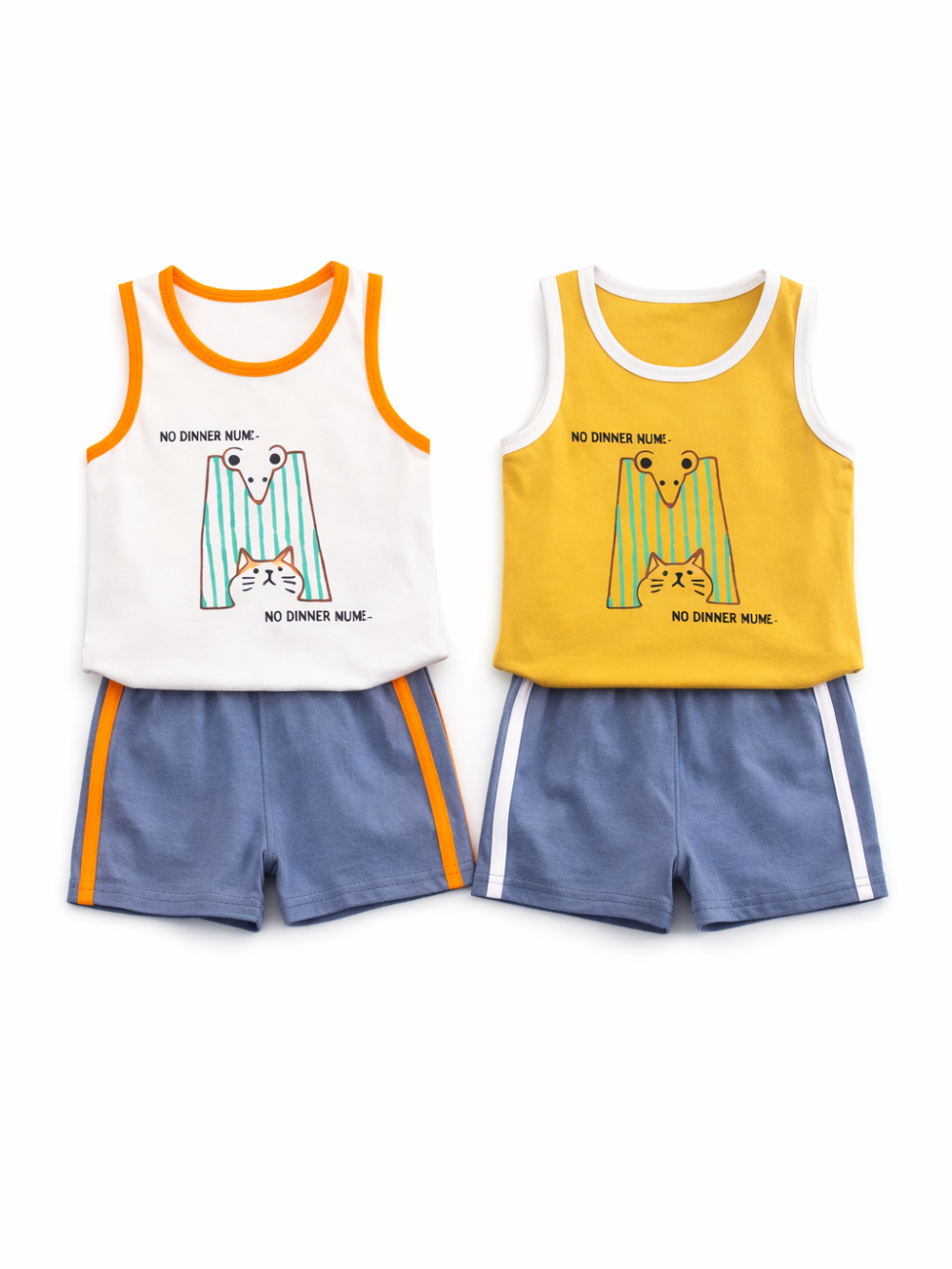 白背景で、子ども用タンクトップ＋ショートパンツの上下セット2種類を並べた商品画像。白×オレンジ縁取りのタンクトップと、黄色×白縁取りのタンクトップはいずれも動物イラスト入りで、ボトムはより濃いブルーグレーのライン入りショーツ。
