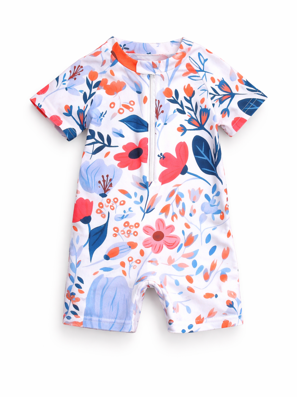 白背景で、白地に花柄プリント（赤・オレンジ・ブルー・ネイビー）の半袖ベビーロンパースを平置きした商品画像。スタンドカラー風の襟とフロントジッパー付き。
