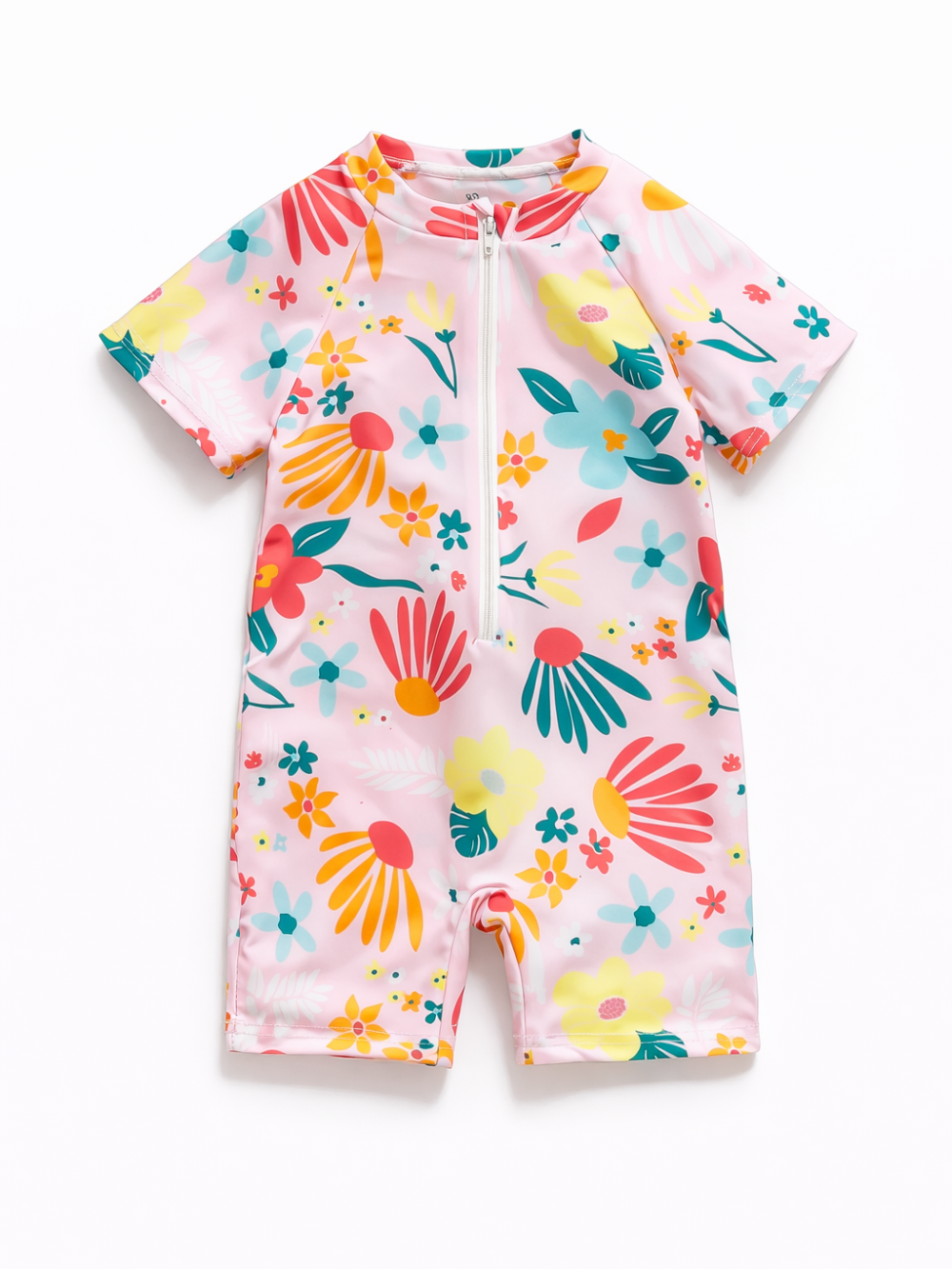 白背景で、ピンク地にカラフルな花柄（赤・オレンジ・イエロー・グリーン・ブルー）の半袖ベビーロンパースを平置きした商品画像。スタンドカラー風の襟とフロントジッパー付き。
