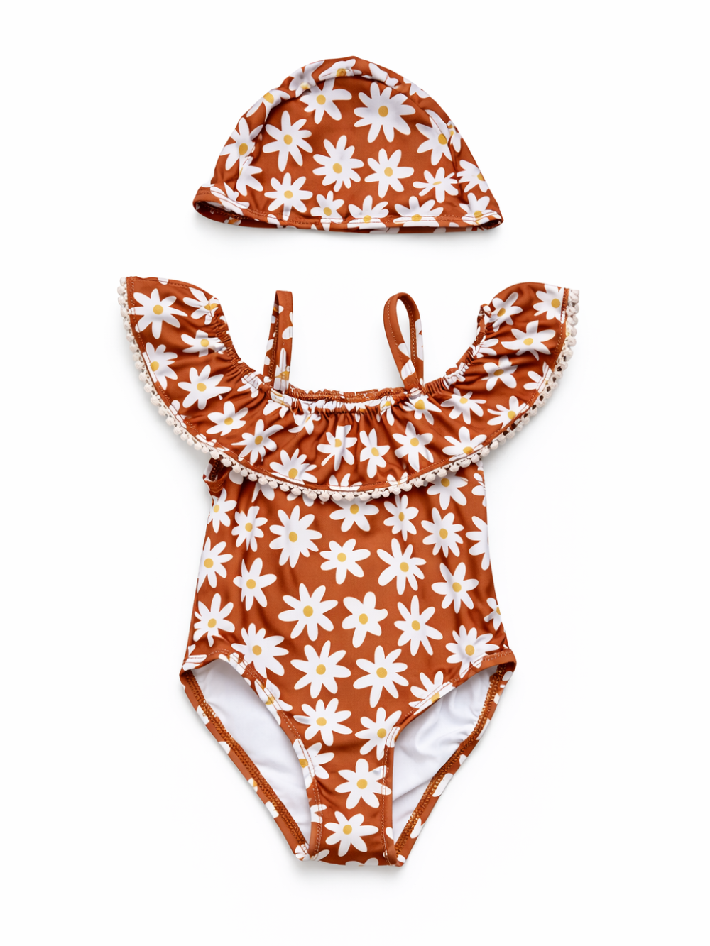 デイジー柄のガールズワンピース水着とスイムキャップの2点セット（ブラウン）
