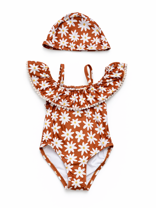デイジー柄のガールズワンピース水着とスイムキャップの2点セット（ブラウン）
