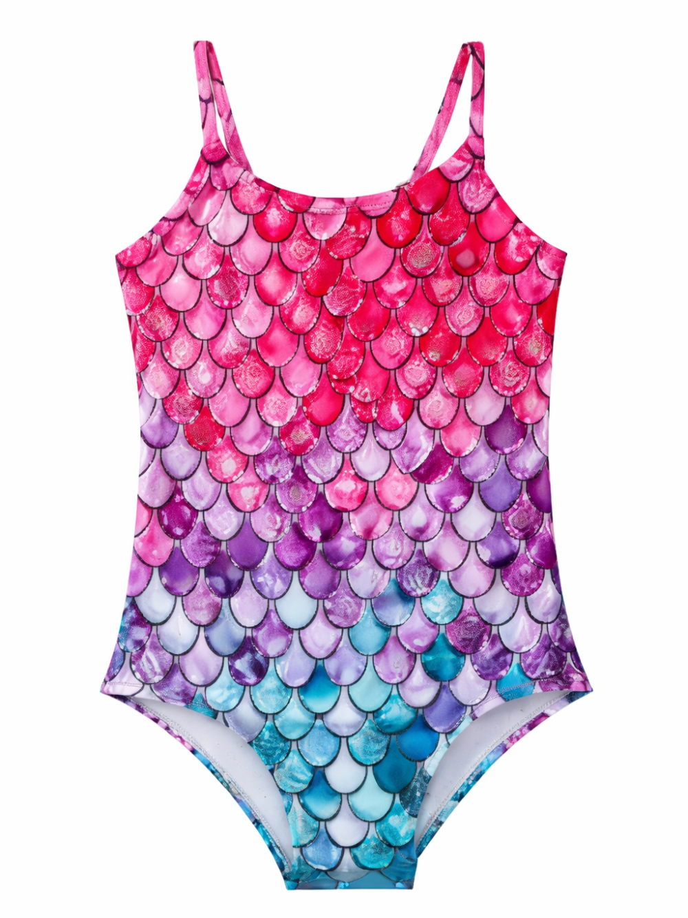 ピンク〜パープル〜ターコイズのグラデーションが美しい、マーメイドスケール柄の女の子用ワンピース水着（細い肩ひも、白背景で商品単体）。
