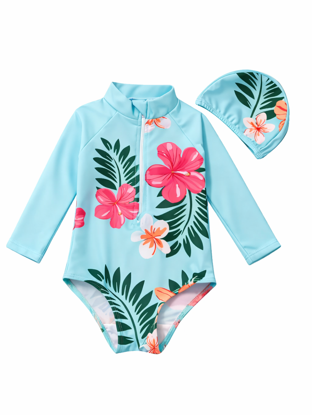 水色の長袖ラッシュガード一体型ワンピース水着とおそろいのスイムキャップの2点セット。ピンクのハイビスカスとグリーンのリーフ柄、前面ハーフジップ、白背景で商品単体を正面から撮影。
