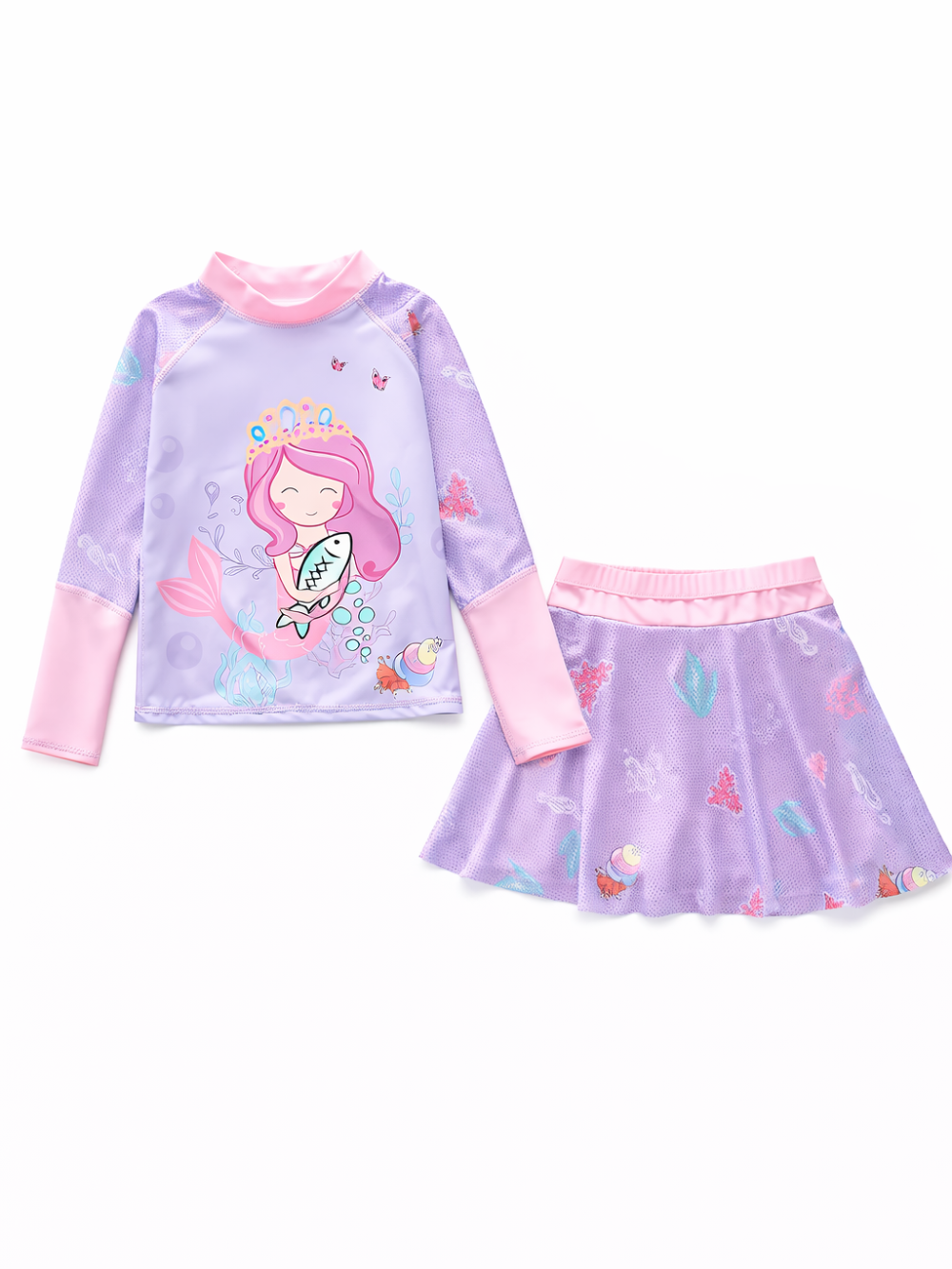 女の子用ラッシュガード上下セット（ラベンダー×ピンク）。人魚のイラスト入り長袖トップスと、海モチーフ柄のスカートを白背景で並べて撮影した商品画像。
