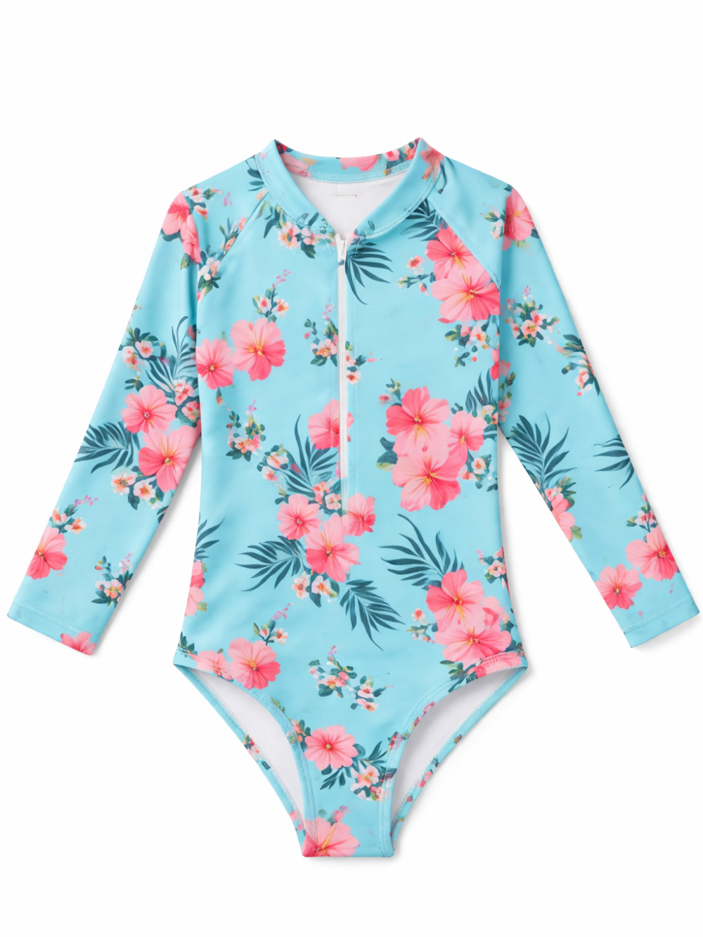 水色ベースにピンクのハイビスカス柄が入った、長袖の子ども用ワンピース水着。前面にホワイトのファスナー付きで、白背景に商品が正面向きで単体表示されている。
