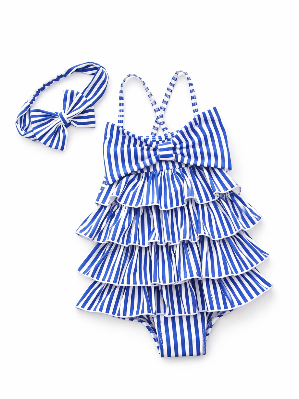 青と白のストライプ柄の女の子用フリルワンピース水着と、同柄のリボン付きヘアバンドのセット（白背景・俯瞰撮影）。
