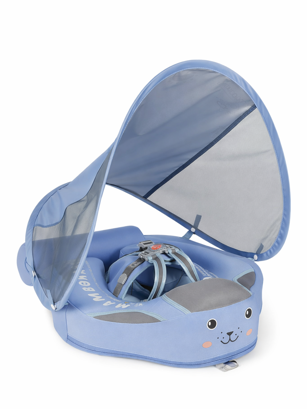 乳児用の日よけ付きベビーフロート。ライトブルーのクッション入り浮き輪に安全ハーネス（赤いバックル）を備え、メッシュ素材のキャノピーが開いた状態で白背景に置かれている。
