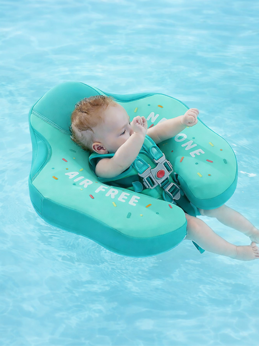 水色のプールの水面に浮かぶターコイズ色のベビーフロートに、ハーネスで固定された赤ちゃんが横たわっている写真。
