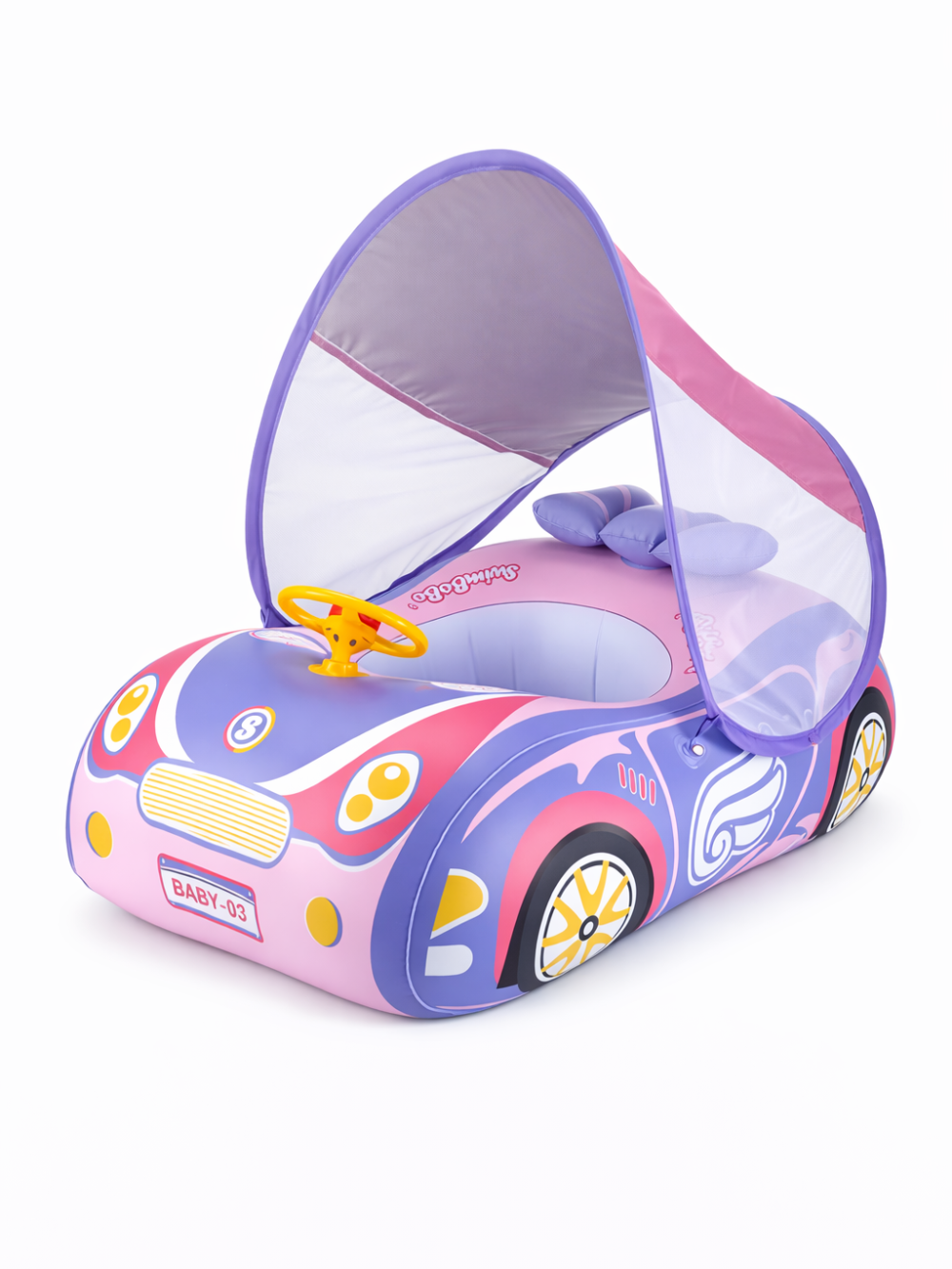 ピンク×パープルのカートゥーンカー型ベビー用フロート（サンシェード付き）。黄色いハンドルと「BABY-03」プレート風デザインがあり、白背景で単体撮影されている。

